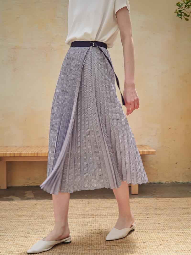 Marta Stripe Pleats Wrap Skirt_Blue